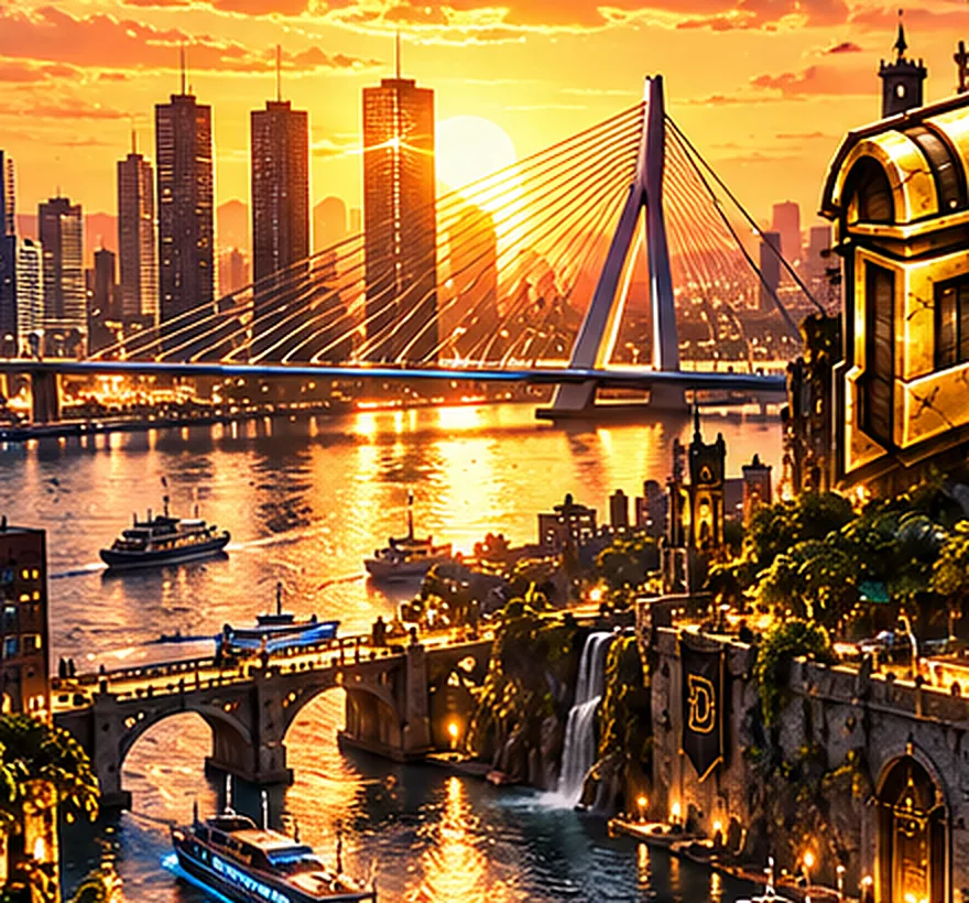 De DropLore-wereld: tuibrug, skyline en rivier bij zonsondergang