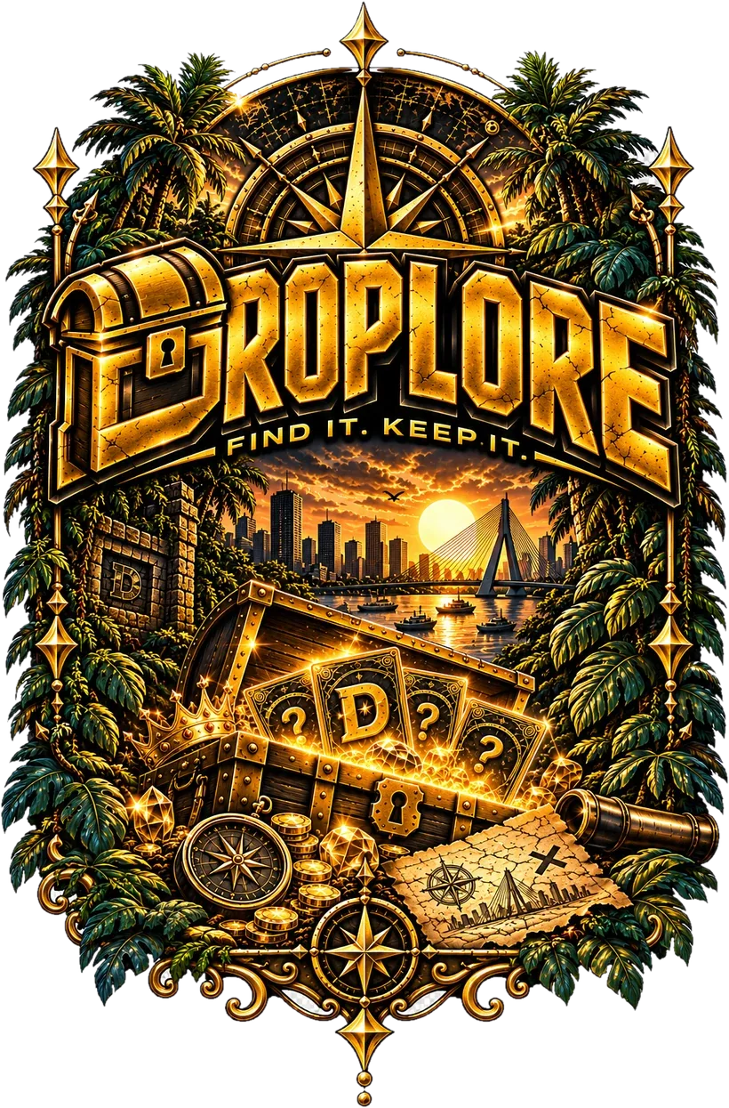 DropLore-artwork met schatkist, kompas en de skyline van Rotterdam